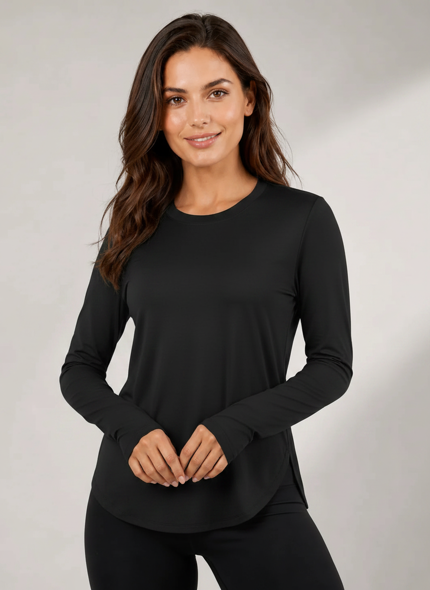 Aurelia Sun Curved Hem Long Sleeve Tee – Black