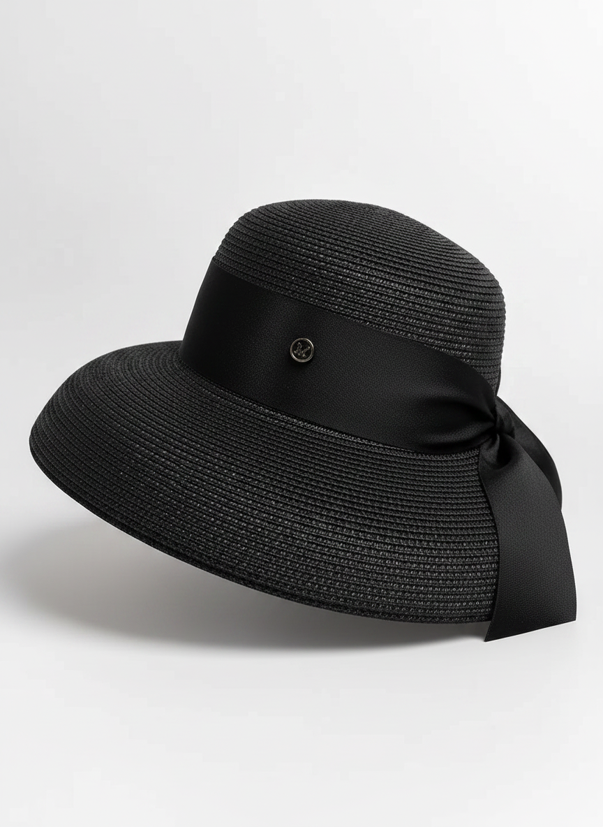 Aurelia Sun Hepburn Bow Sun Hat – Black, 56–58 cm