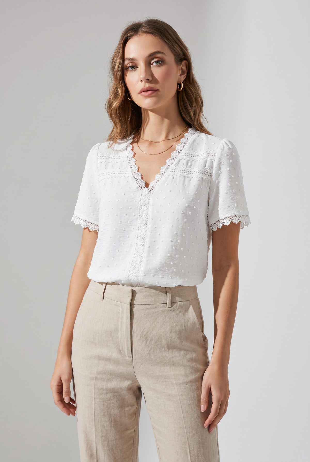 Women's Lace V-Neck Short-Sleeve Blouse – White