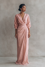 Mira Linen Blend V Neck Maxi Dress in Pink by Aurelia Sun