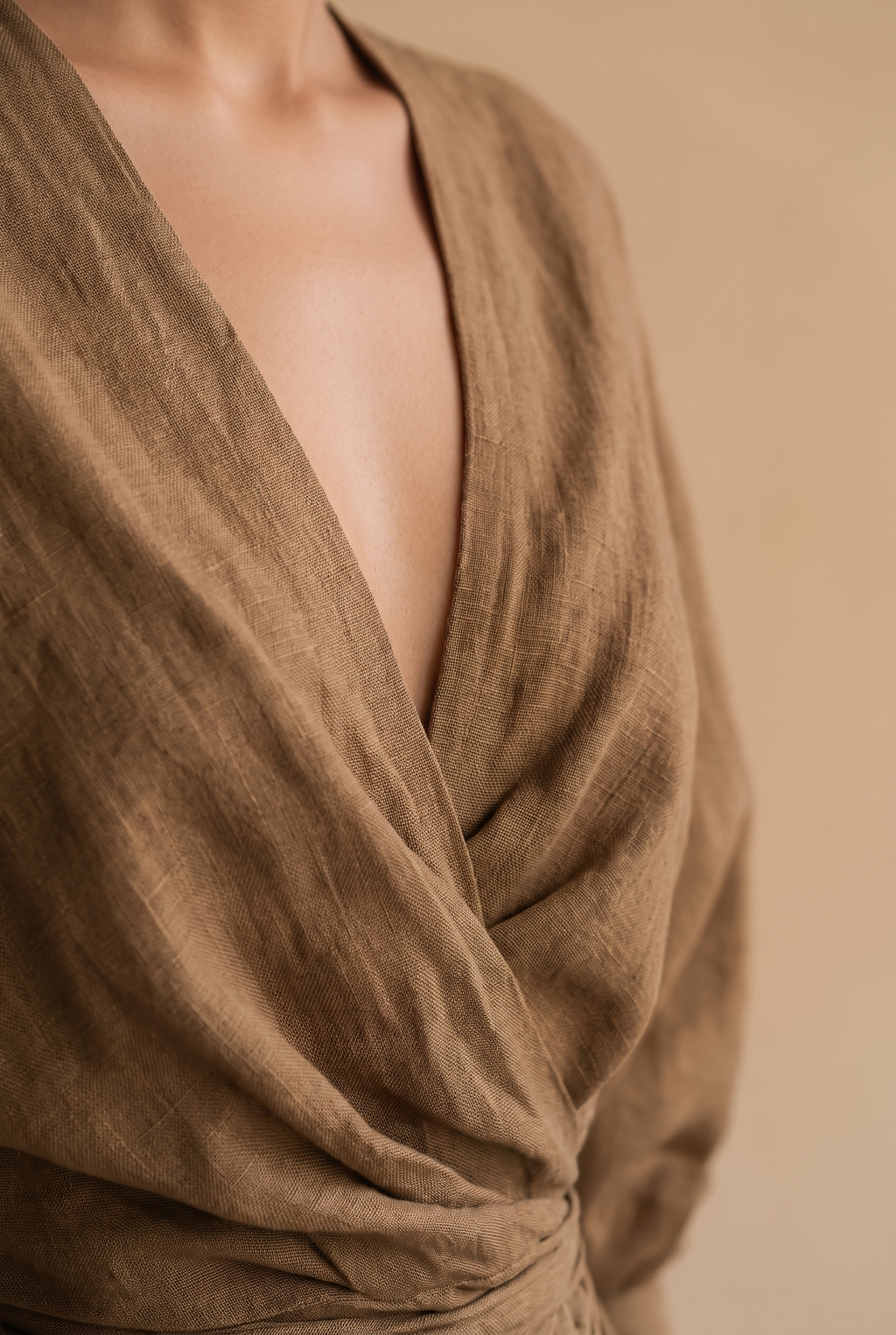 Mira Linen Blend V Neck Maxi Dress in Brown by Aurelia Sun