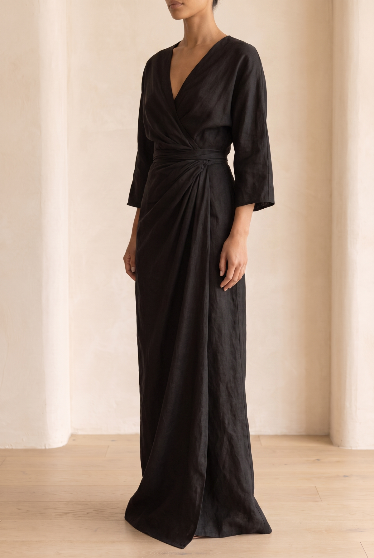 Mira Linen Blend V Neck Maxi Dress in Brown by Aurelia Sun