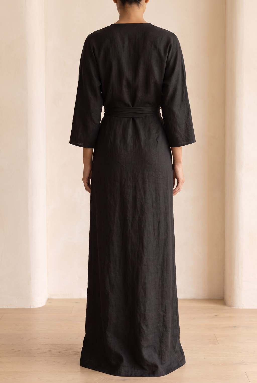 Mira Linen Blend V Neck Maxi Dress in Brown by Aurelia Sun