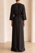 Mira Linen Blend V Neck Maxi Dress in Brown by Aurelia Sun