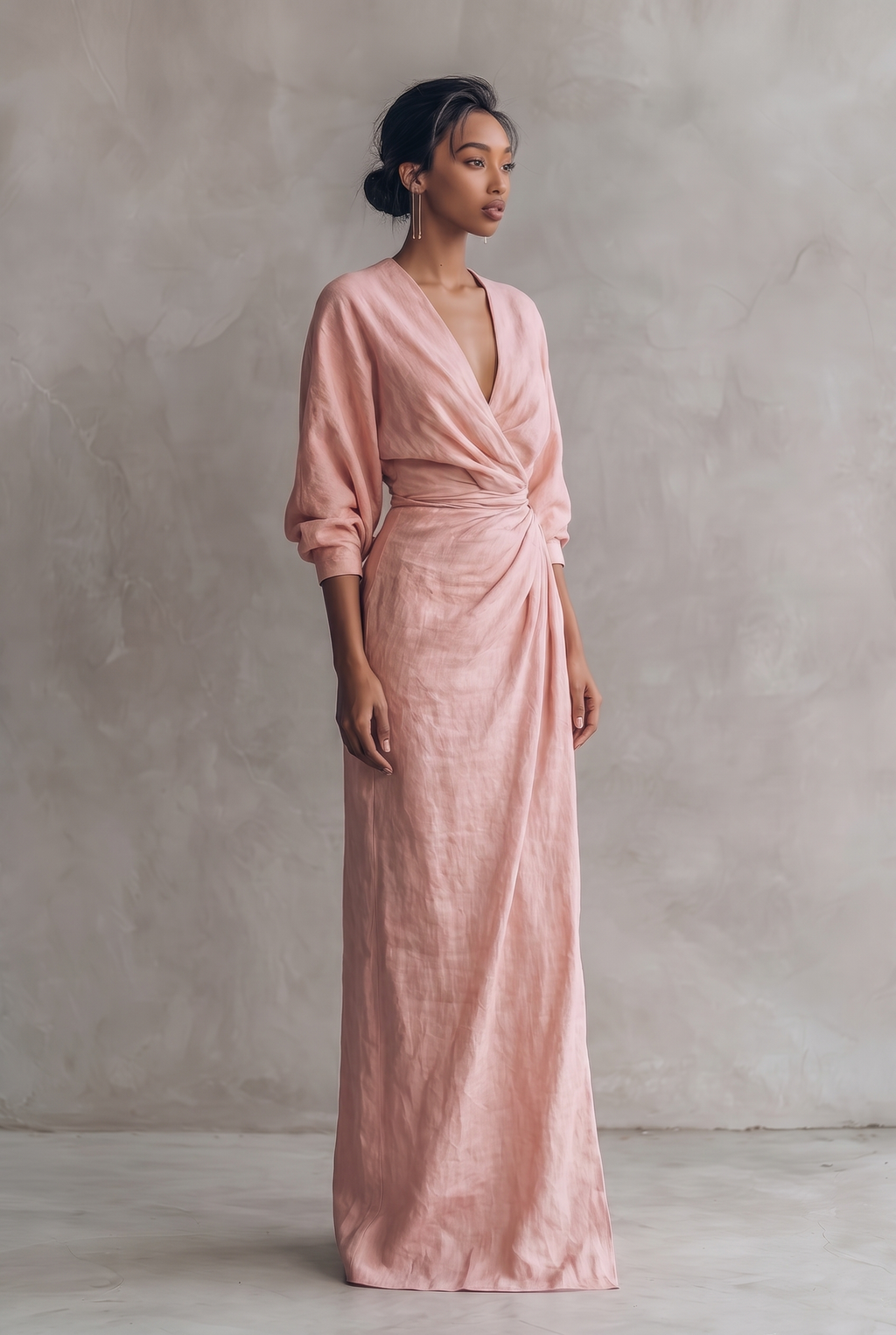 Mira Linen Blend V Neck Maxi Dress in Pink by Aurelia Sun