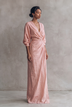 Mira Linen Blend V Neck Maxi Dress in Pink by Aurelia Sun