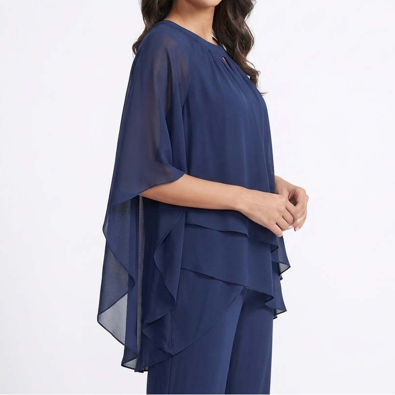 Elise Chiffon Cape Trouser Set in Navy by Aurelia Sun