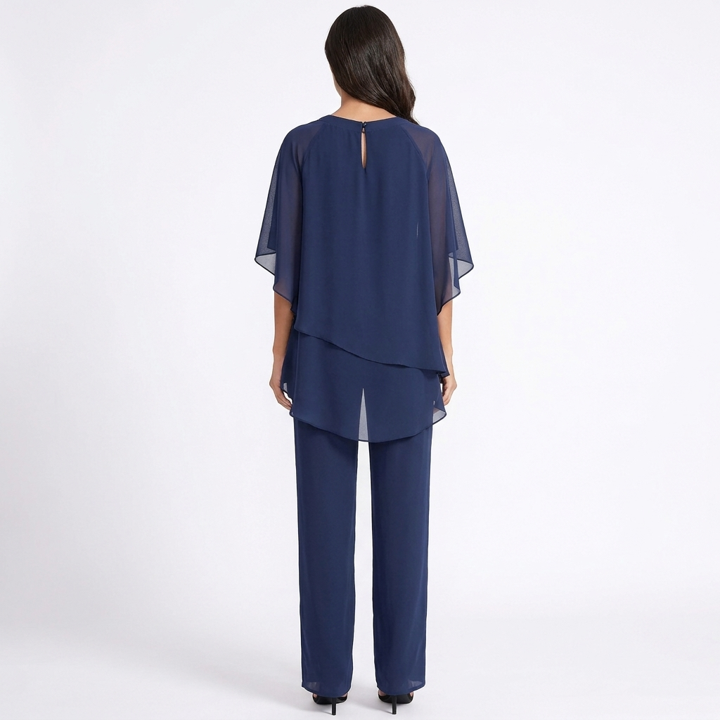 Elise Chiffon Cape Trouser Set in Navy by Aurelia Sun