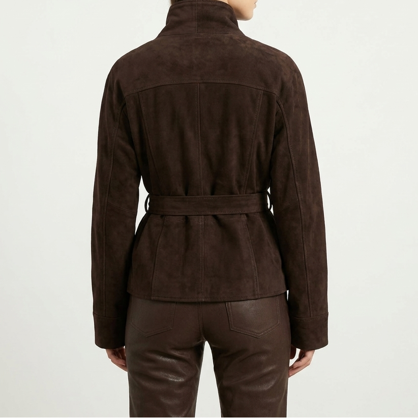 Elara Belted Suede-Look Wrap Jacket in Brown by Aurelia Sun