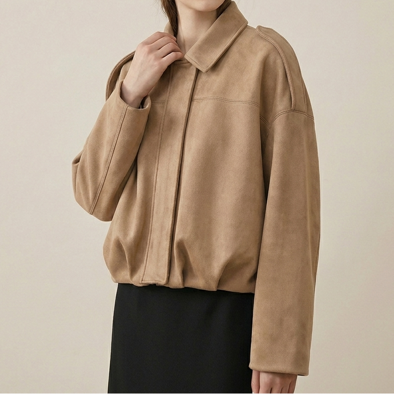 Rhea Cropped Zip-Up Bomber Jacket in Khaki by Aurelia Sun