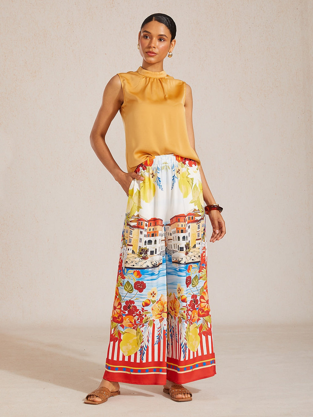 Golden Petal Satin Wide-Leg Pants in Jet Black by Aurelia Sun