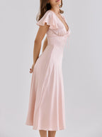 Elodie Satin Flutter-Sleeve Midi Dress in Pink by Aurelia Sun