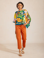 Bell Flower Satin Batwing Top in Black Pink by Aurelia Sun