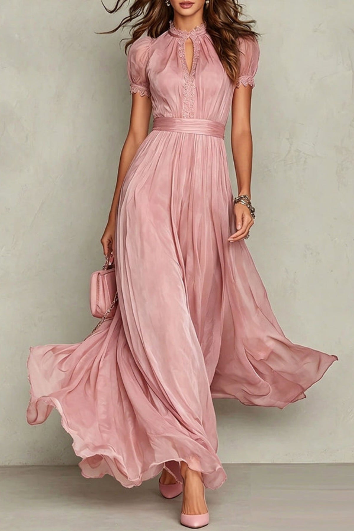 Aurélie Chiffon Puff-Sleeve Maxi Dress – Pink