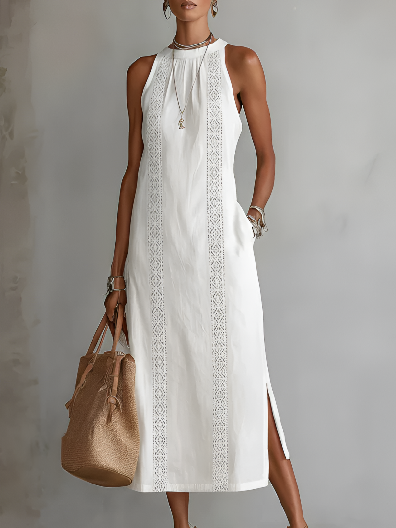 Jimena Embroidered Linen-Blend Midi Dress – White