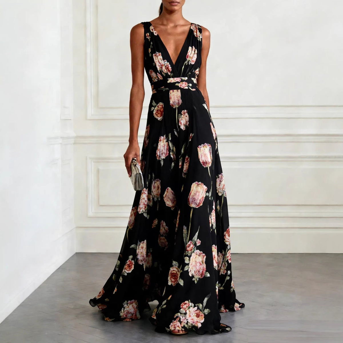 Amélie Floral Chiffon Maxi Dress – Black