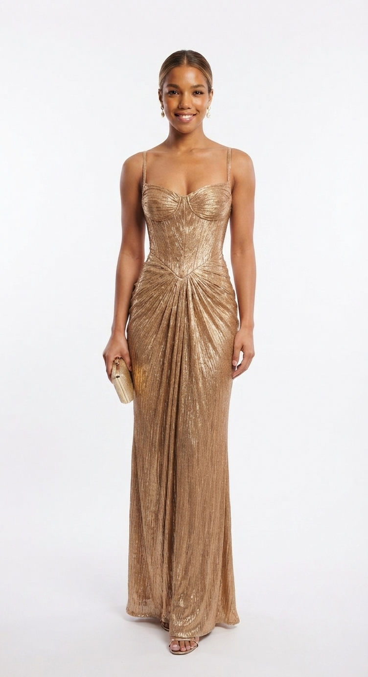 Aurora Metallic Corset Maxi Gown in Gold by Aurelia Sun