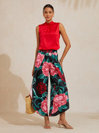 Hawaii Palm Satin Wrap Wide-Leg Pants by Aurelia Sun