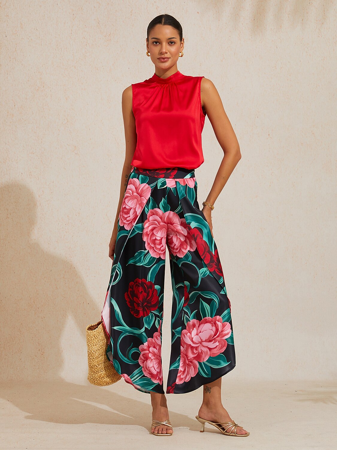 Hawaii Palm Satin Wrap Wide-Leg Pants by Aurelia Sun