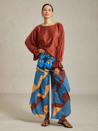 Hawaii Palm Satin Wrap Wide-Leg Pants in Blue by Aurelia Sun