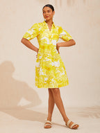 Mustang Print Linen-Look Midi Shirt Dress in Goldenrod Yellow by Aurelia Sun