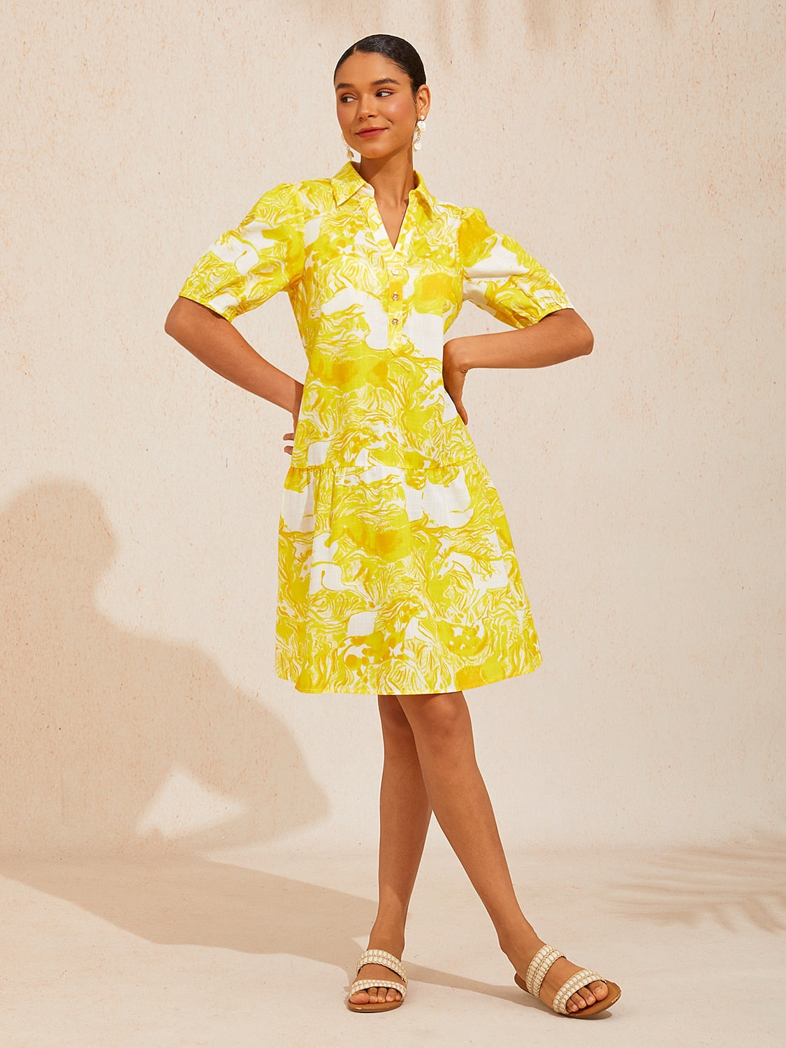 Mustang Print Linen-Look Midi Shirt Dress in Goldenrod Yellow by Aurelia Sun