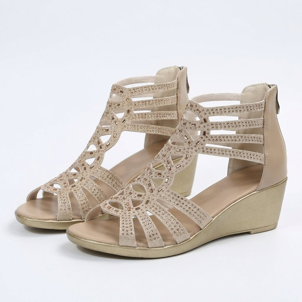 Jeanette Cutout Wedge Sandals in Beige by Aurelia Sun