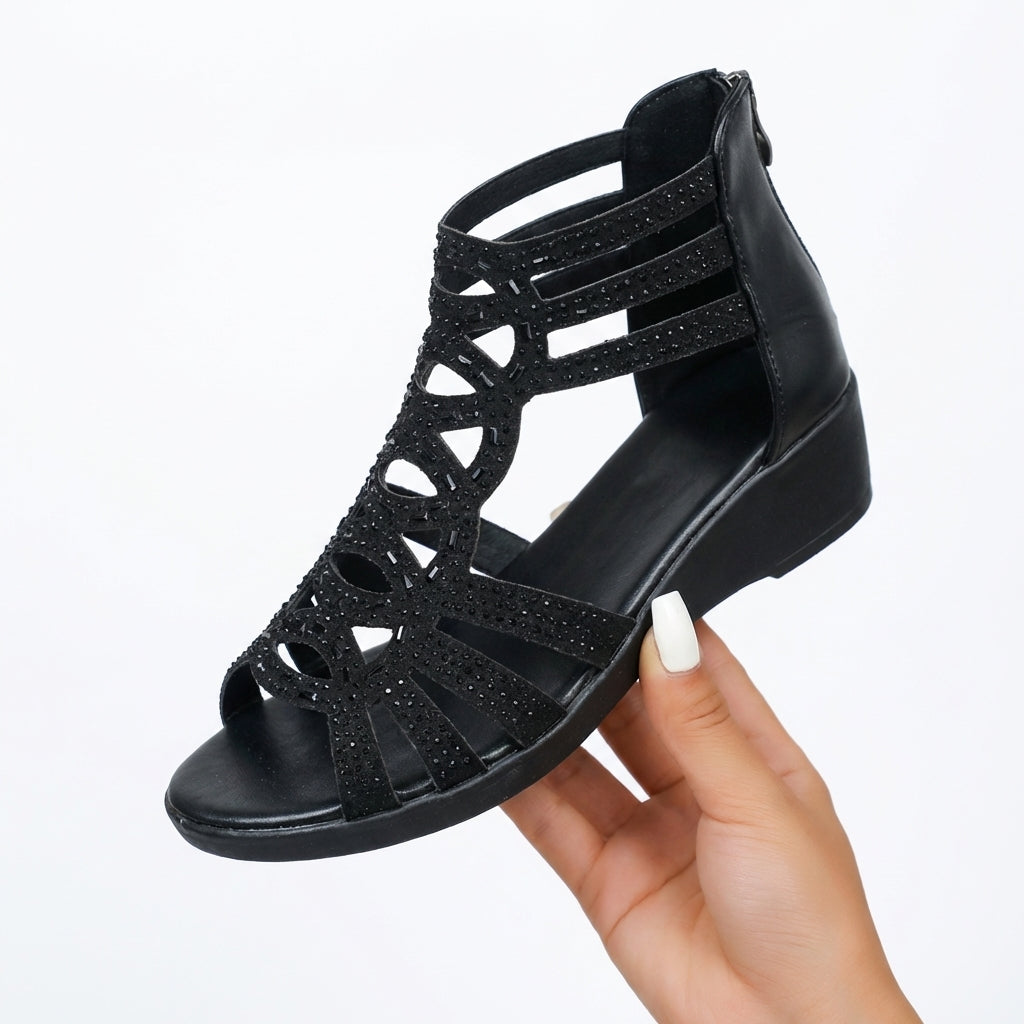 Jeanette Cutout Wedge Sandals in Black by Aurelia Sun