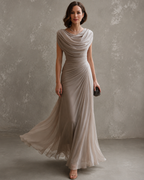 Delphine Draped Maxi Dress in Beige by Aurelia Sun