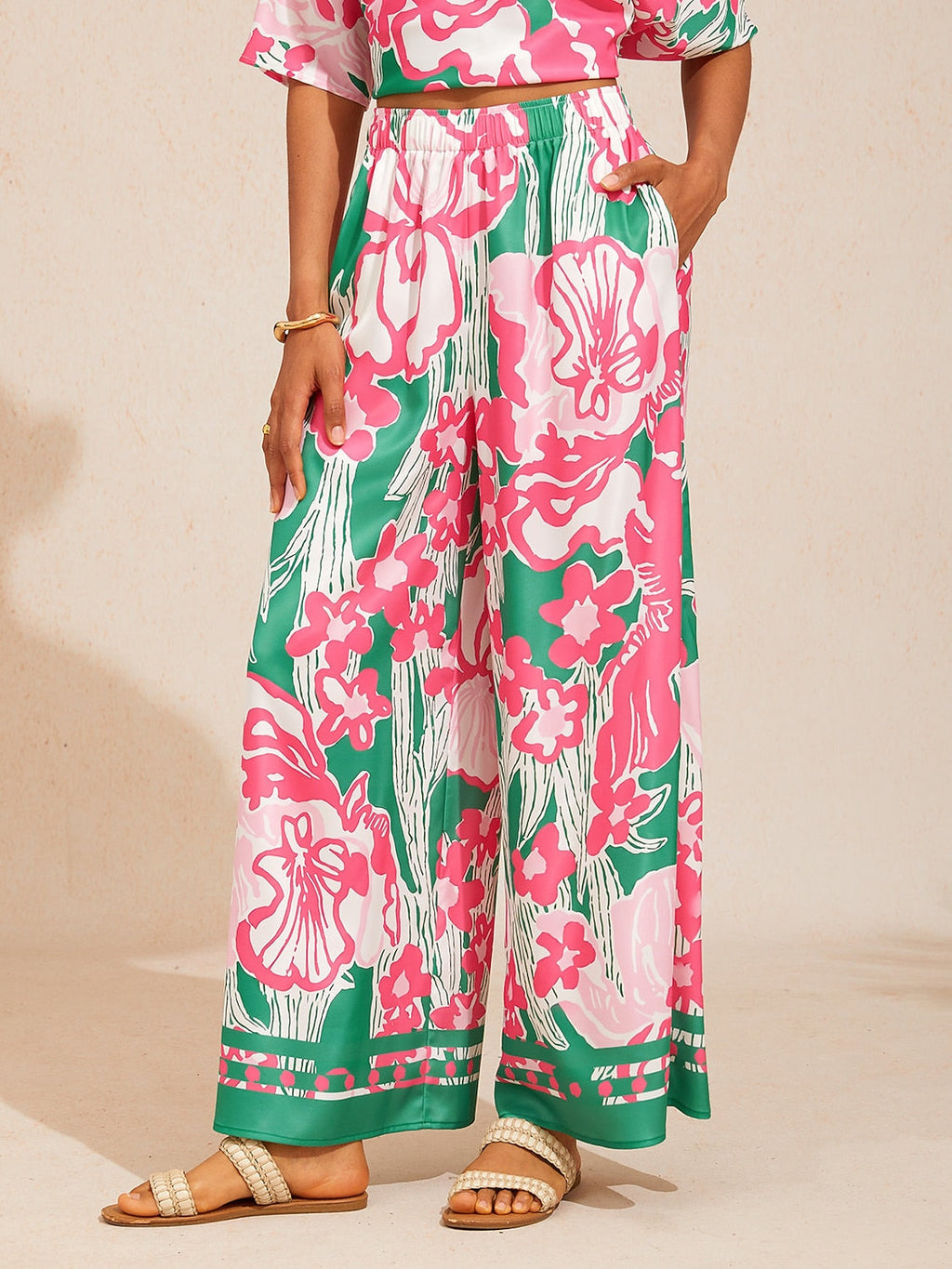 Golden Petal Satin Wide-Leg Pants in Light Green by Aurelia Sun