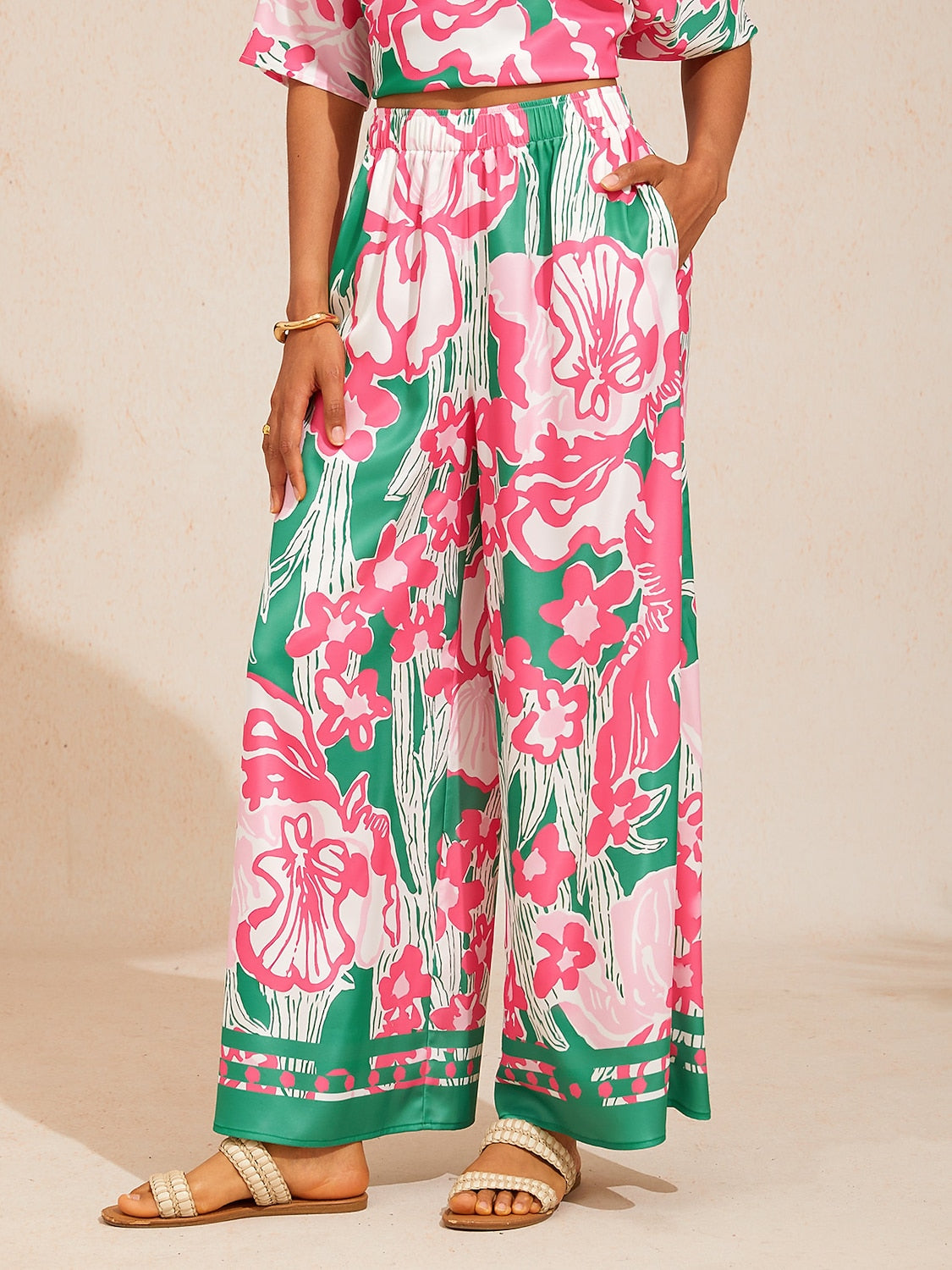 Golden Petal Satin Wide-Leg Pants in Light Green by Aurelia Sun
