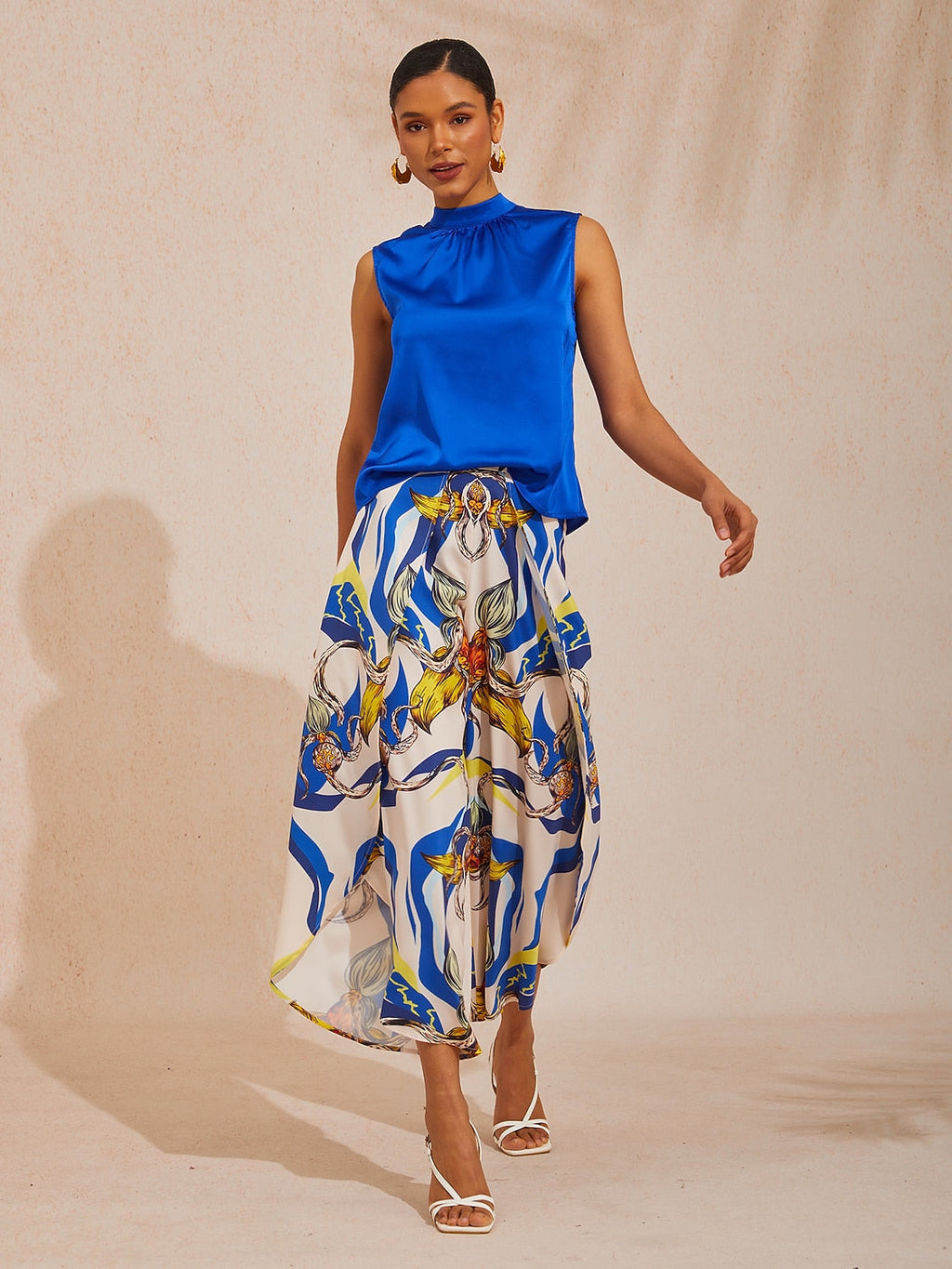 Hawaii Palm Satin Wrap Wide-Leg Pants in Royal Blue by Aurelia Sun