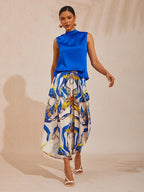 Hawaii Palm Satin Wrap Wide-Leg Pants in Royal Blue by Aurelia Sun