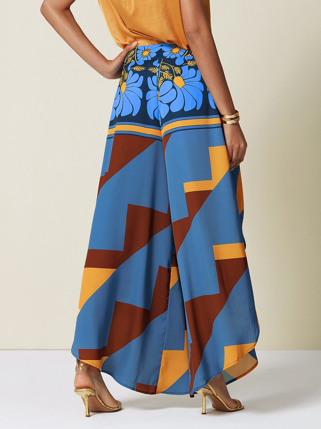 Hawaii Palm Satin Wrap Wide-Leg Pants in Blue by Aurelia Sun
