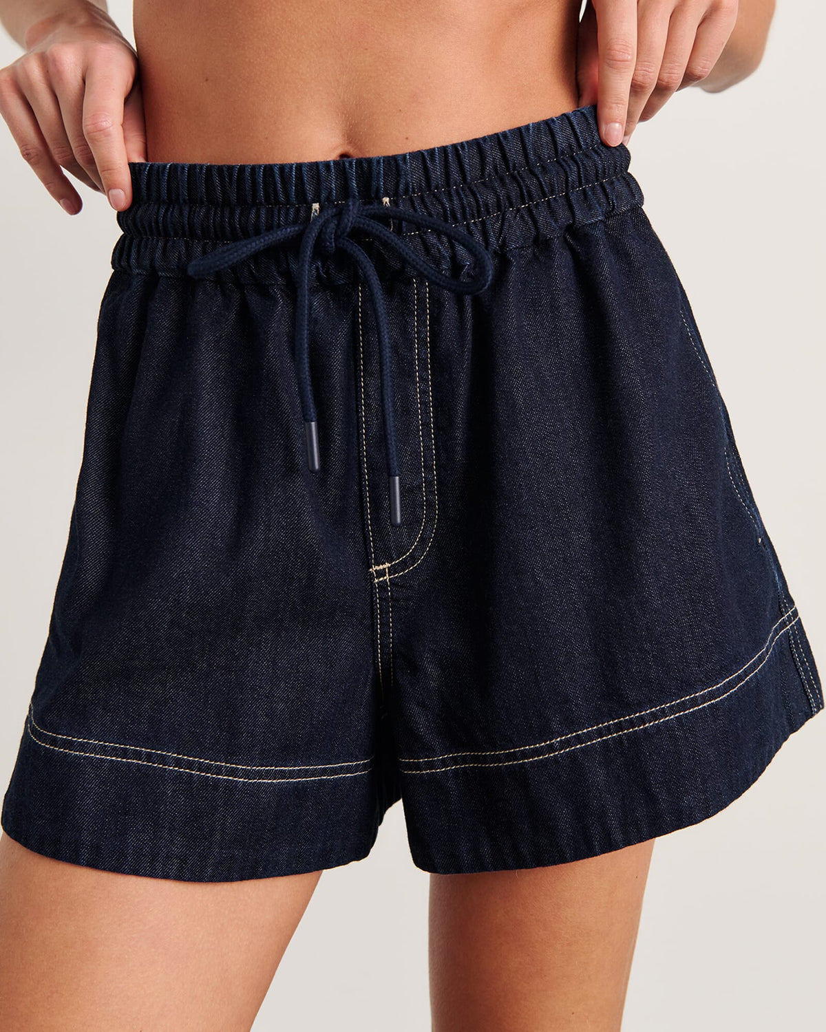 Loe High-Waist Denim Drawstring Shorts – Raw Wash by Aurelia Sun