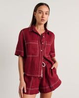 Gigi Oversized Linen Short-Sleeve Shirt – Burgundy