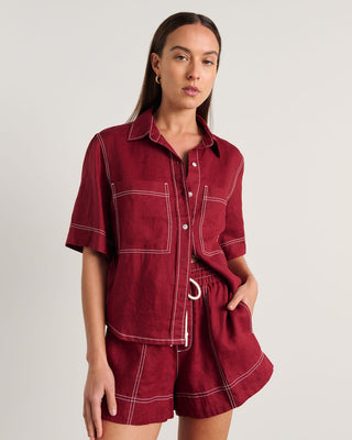 Gigi Oversized Linen Short-Sleeve Shirt – Burgundy