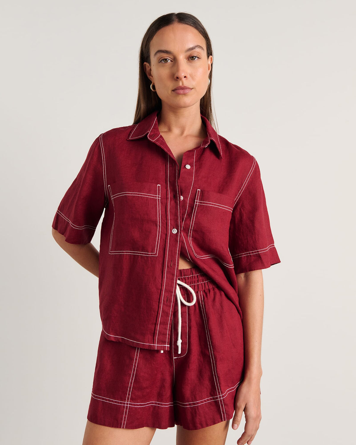 Gigi Oversized Linen Short-Sleeve Shirt – Burgundy by Aurelia Sun