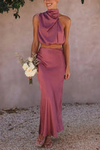 Kara Satin Halter Maxi Skirt Set in Dark Brown by Aurelia Sun