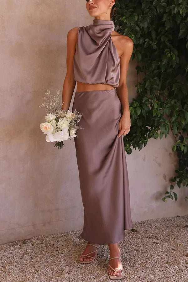 Kara Satin Halter Maxi Skirt Set in Dark Brown by Aurelia Sun