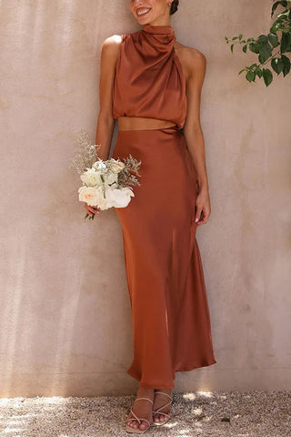 Kara Satin Halter Maxi Skirt Set