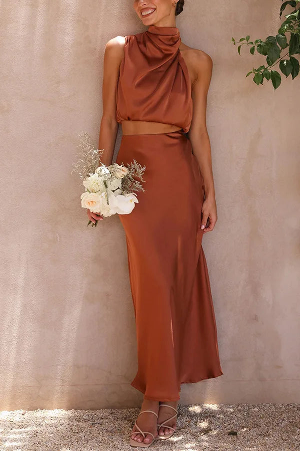 Kara Satin Halter Maxi Skirt Set in Dark Brown by Aurelia Sun