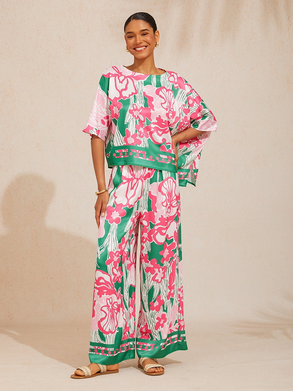 Bell Flower Satin Batwing Top in Hot Pink by Aurelia Sun