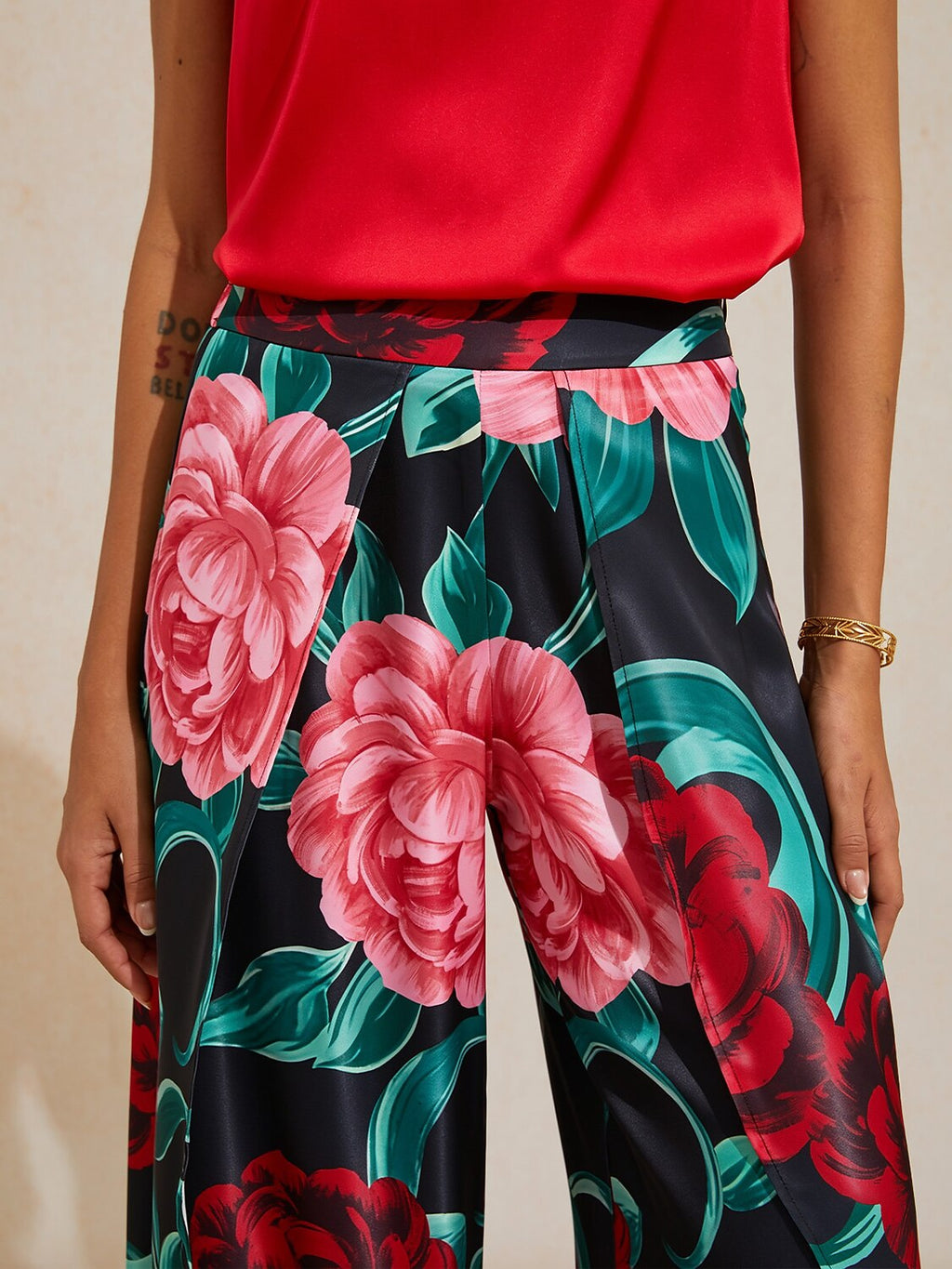 Hawaii Palm Satin Wrap Wide-Leg Pants by Aurelia Sun