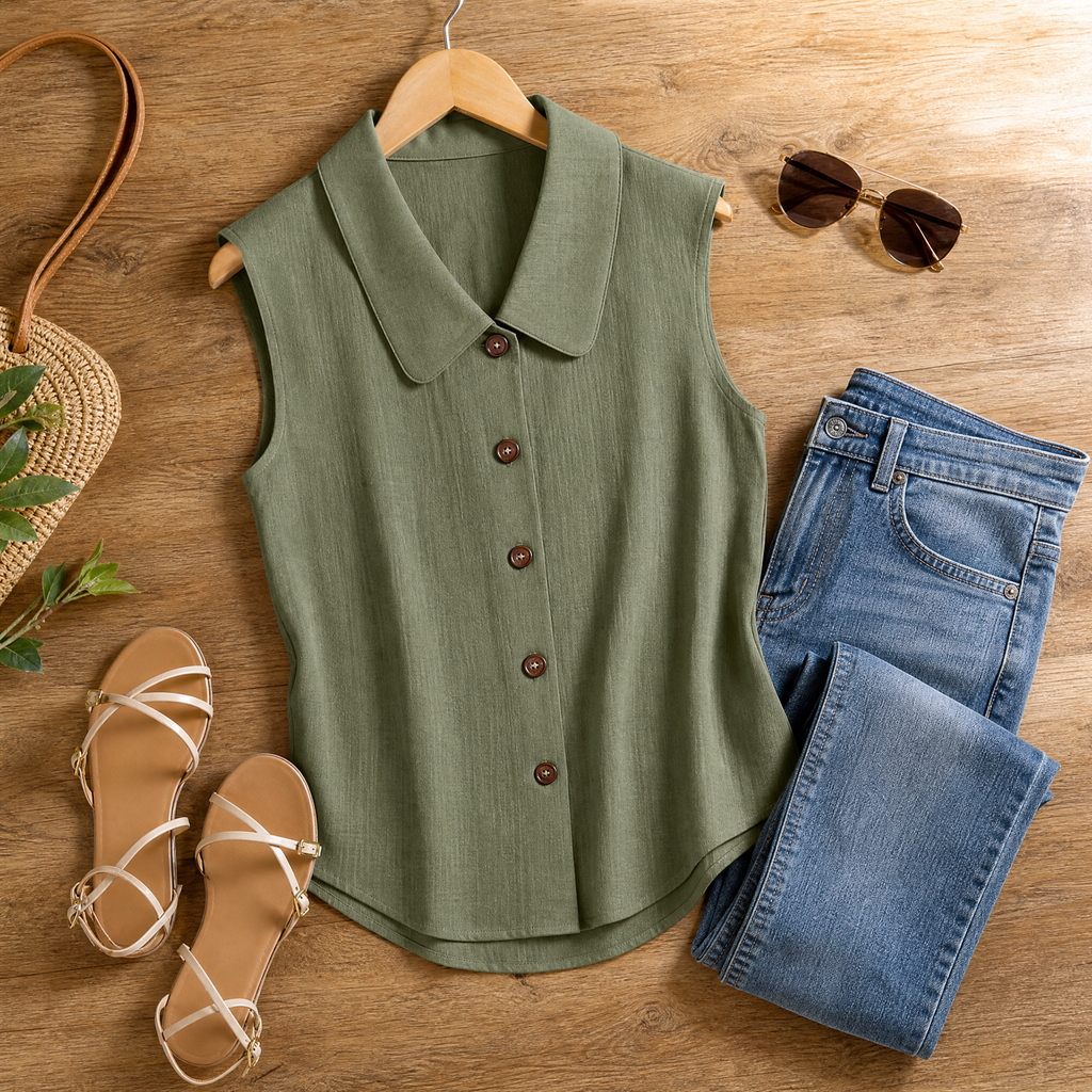 Celine Collared Sleeveless Blouse – Olive