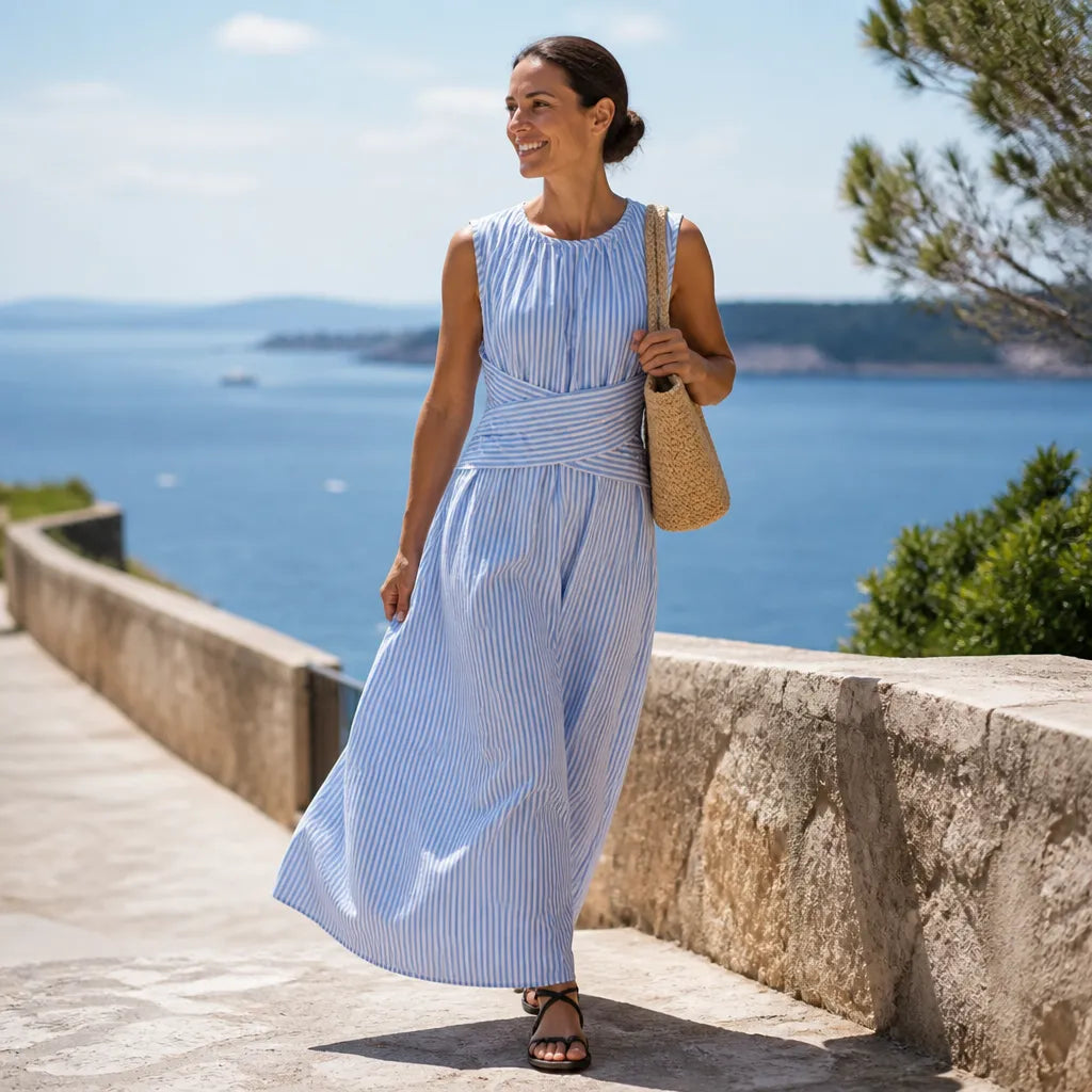 Riviera Striped Wrap Maxi Dress – Blue/White
