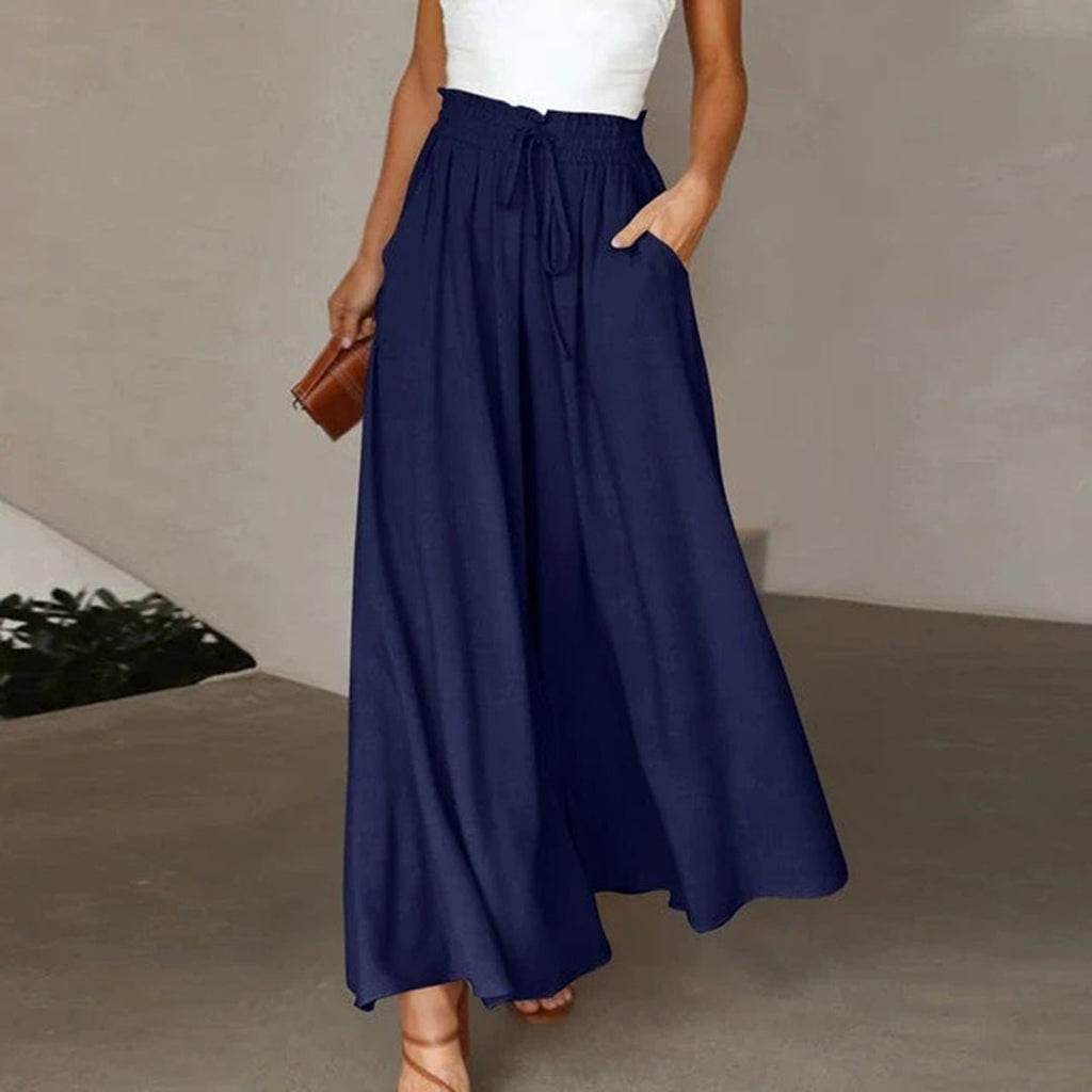 Soleil Wide-Leg Linen Drawstring Pants in Navy by Aurelia Sun