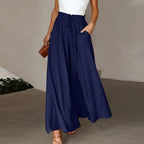 Soleil Wide-Leg Linen Drawstring Pants in Navy by Aurelia Sun