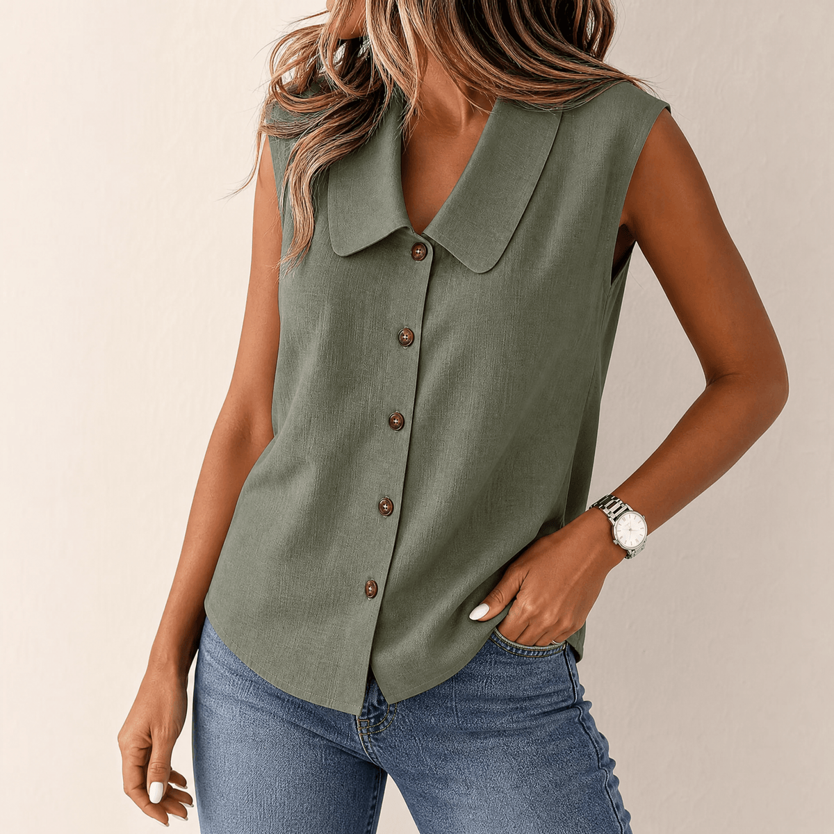 Celine Collared Sleeveless Blouse – White