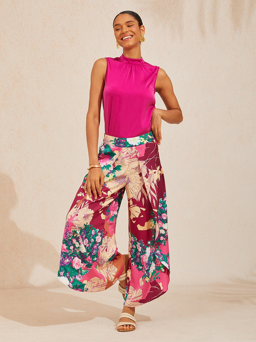 Hawaii Palm Satin Wrap Wide-Leg Pants in Berry Red by Aurelia Sun